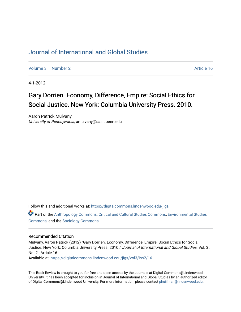 Gary Dorrien. Economy, Difference, Empire: Social Ethics for Social Justice