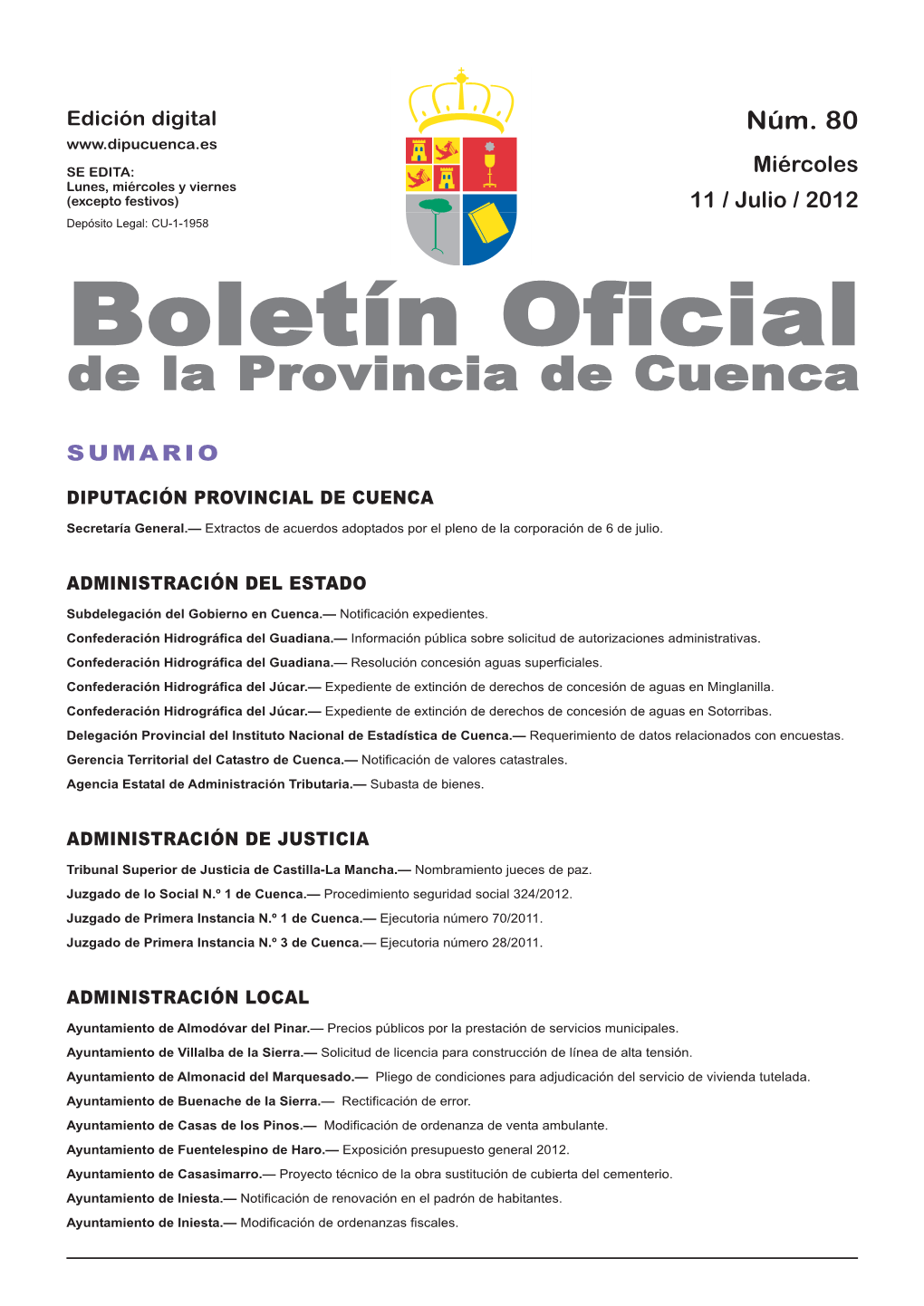 Boletín Oficial De La Provincia De Cuenca Sumario Diputación Provincial De Cuenca