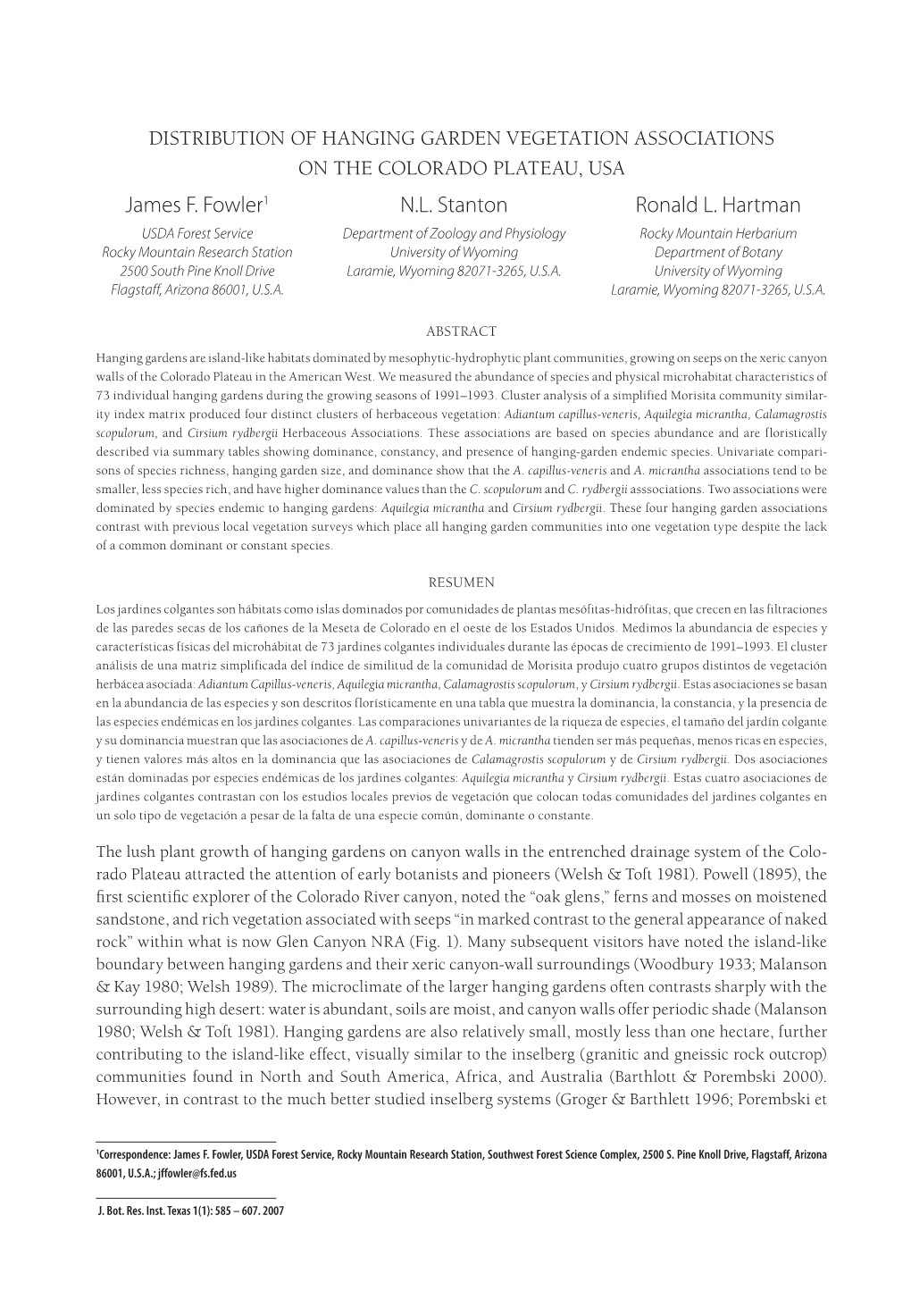 DISTRIBUTION of HANGING GARDEN VEGETATION ASSOCIATIONS on the COLORADO PLATEAU, USA James F