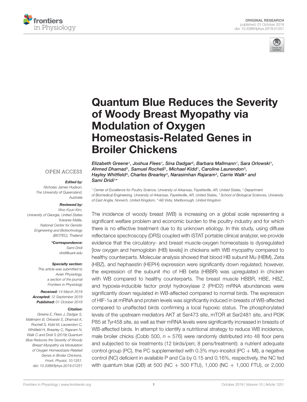 Quantum Blue Reduces the Severity of Woody Breast Myopathy Via Modulation of Oxygen Homeostasis-Related Genes in Broiler Chickens