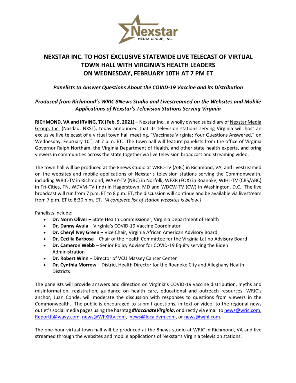 Nexstar Inc. to Host Exclusive Statewide Live Telecast of Virtual Town Hall with Virginia's Health Leaders on Wednesday, Febr