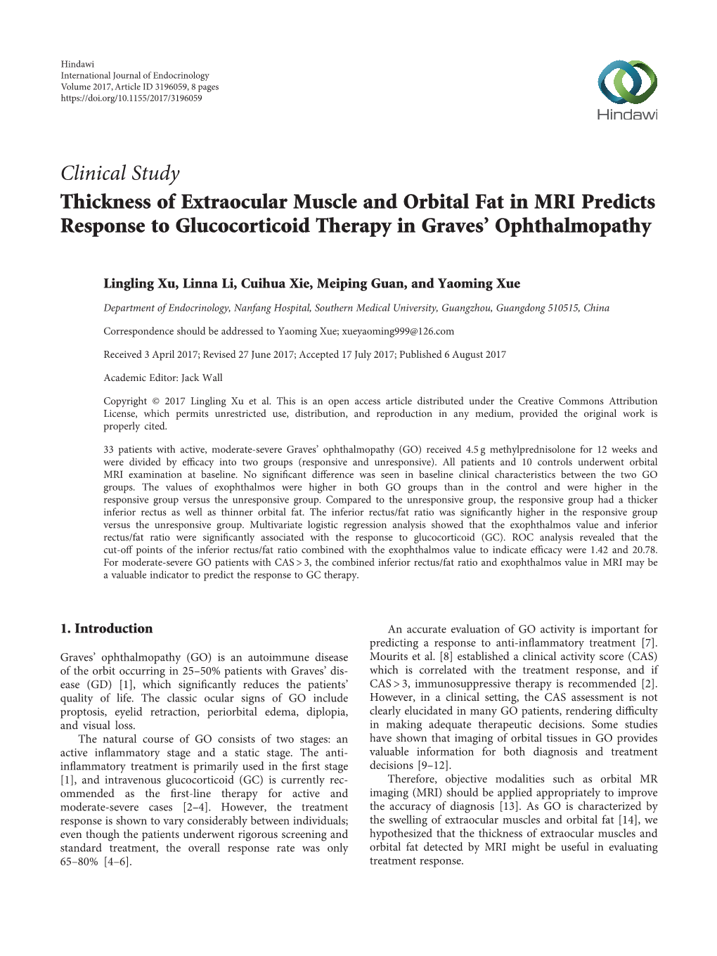 Thickness of Extraocular Muscle and Orbital Fat in MRI Predicts Response to Glucocorticoid Therapy in Graves’ Ophthalmopathy