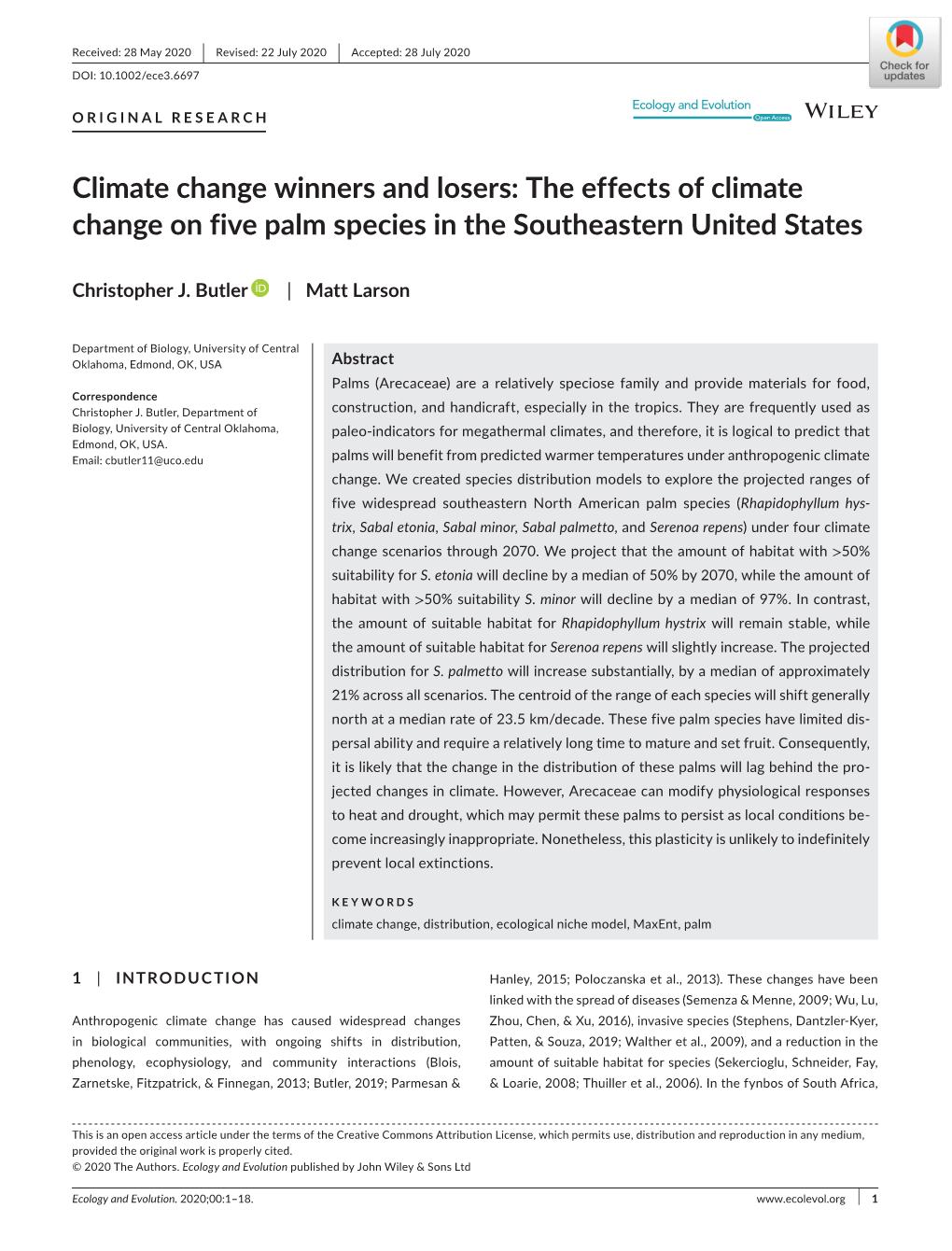 Climate Change Winners and Losers: the Effects of Climate Change on Five Palm Species in the Southeastern United States