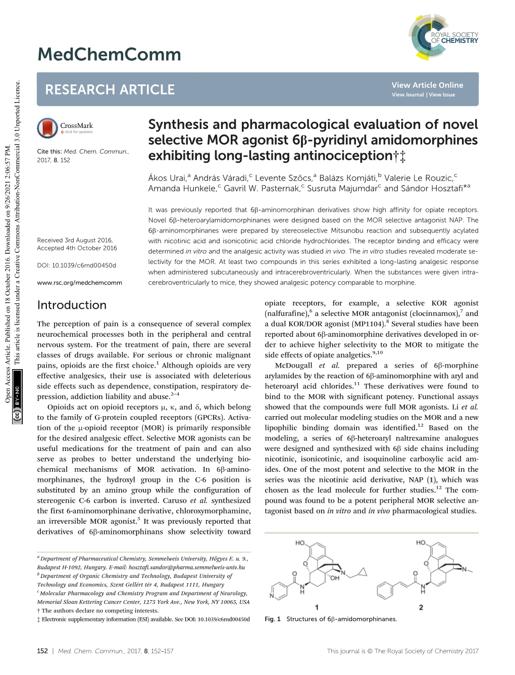 Synthesis and Pharmacological Evaluation of Novel Selective MOR Agonist 6Β-Pyridinyl Amidomorphines Exhibiting Long-Lasting Antinociception