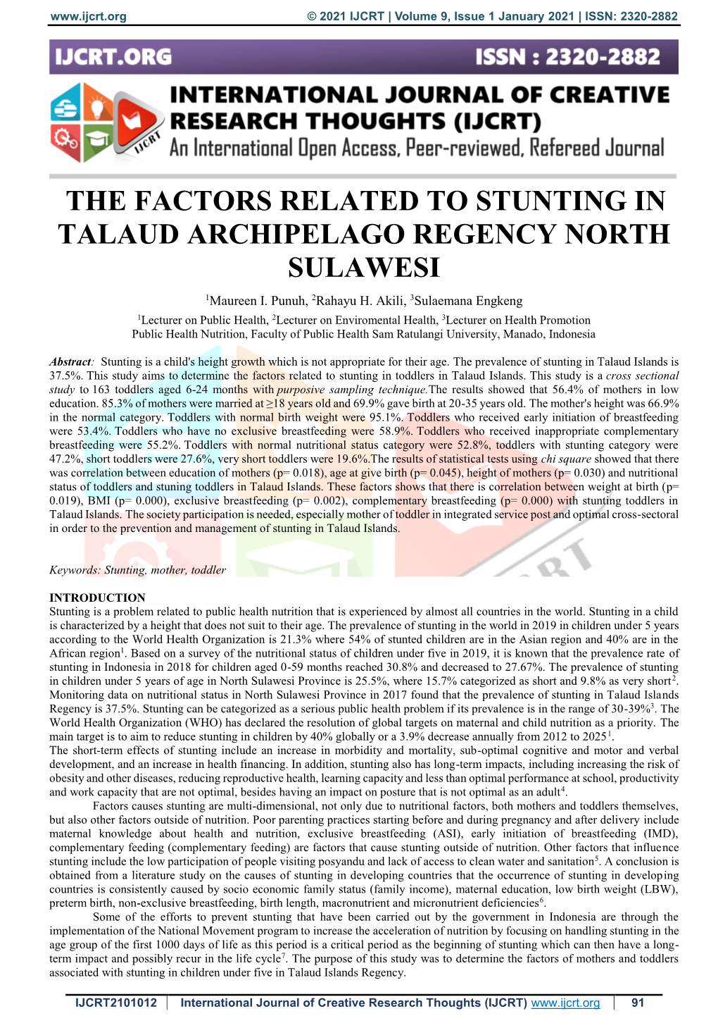 THE FACTORS RELATED to STUNTING in TALAUD ARCHIPELAGO REGENCY NORTH SULAWESI 1Maureen I