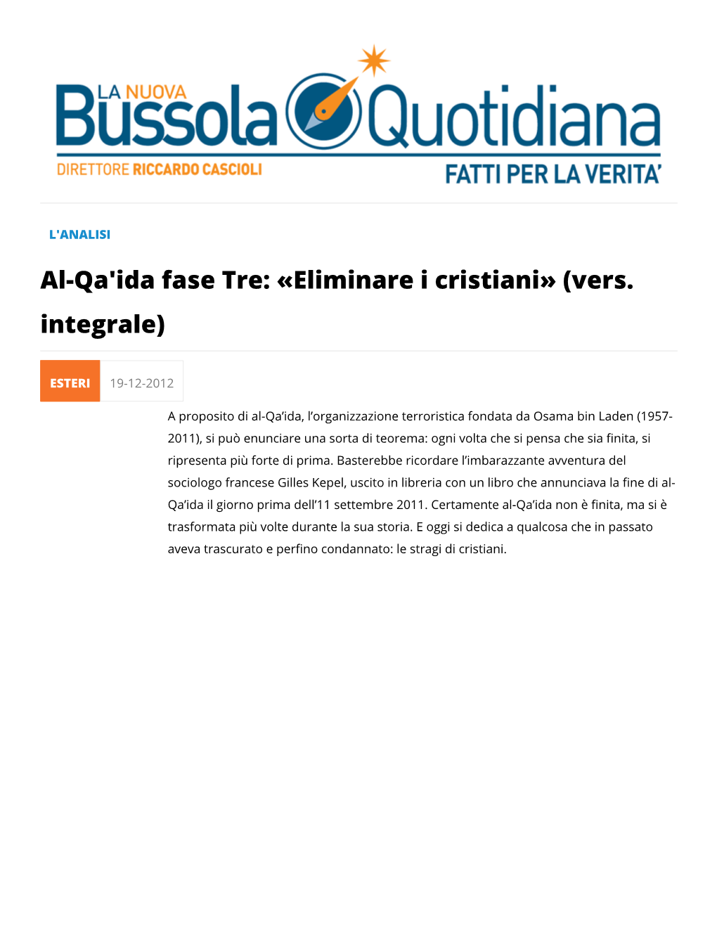 Al-Qa'ida Fase Tre: «Eliminare I Cristiani» (Vers. Integrale)