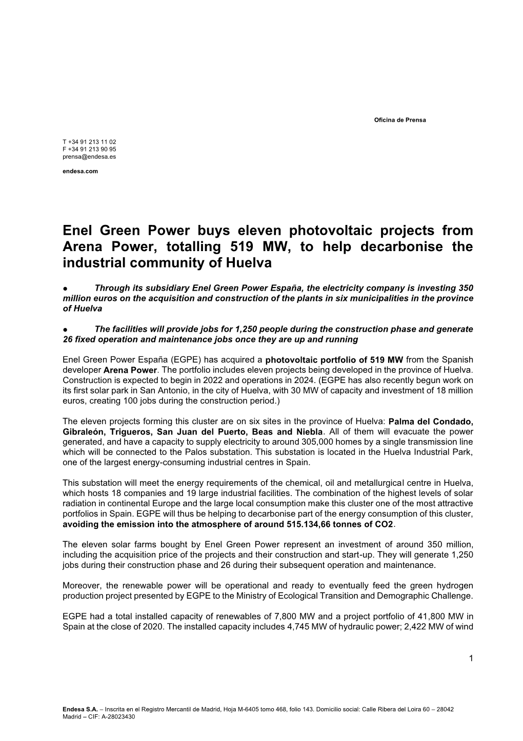 Enel Green Power Buys Eleven Photovoltaic Projects from Arena Power, Totalling 519 MW, to Help Decarbonise the Industrial Community of Huelva