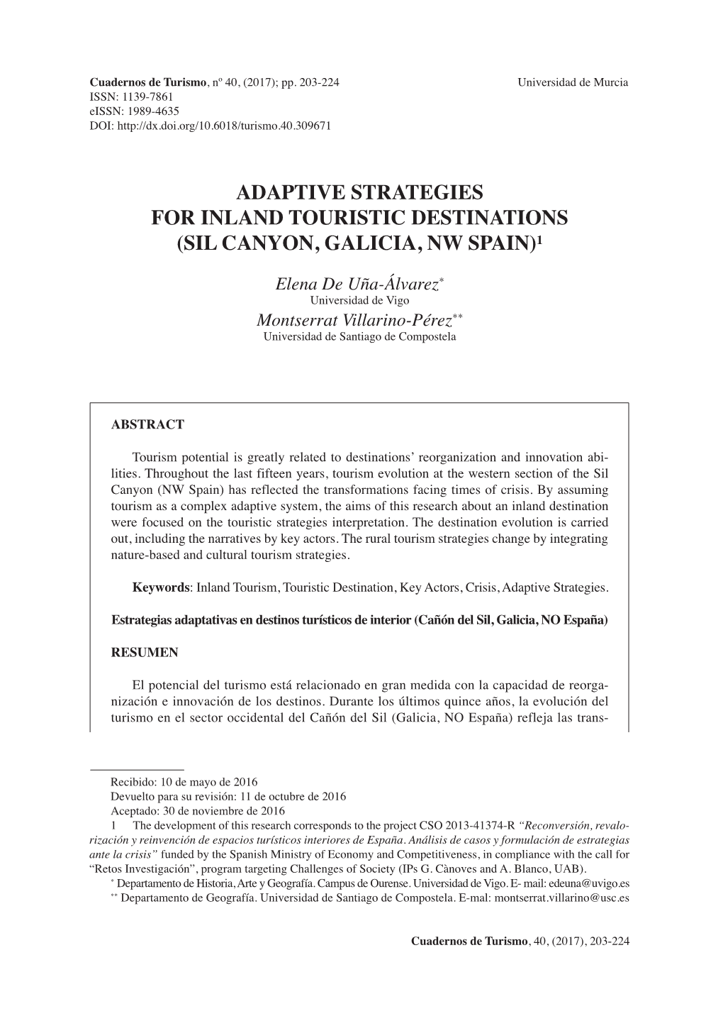 Adaptive Strategies for Inland Touristic Destinations (Sil Canyon, Galicia, Nw Spain)1