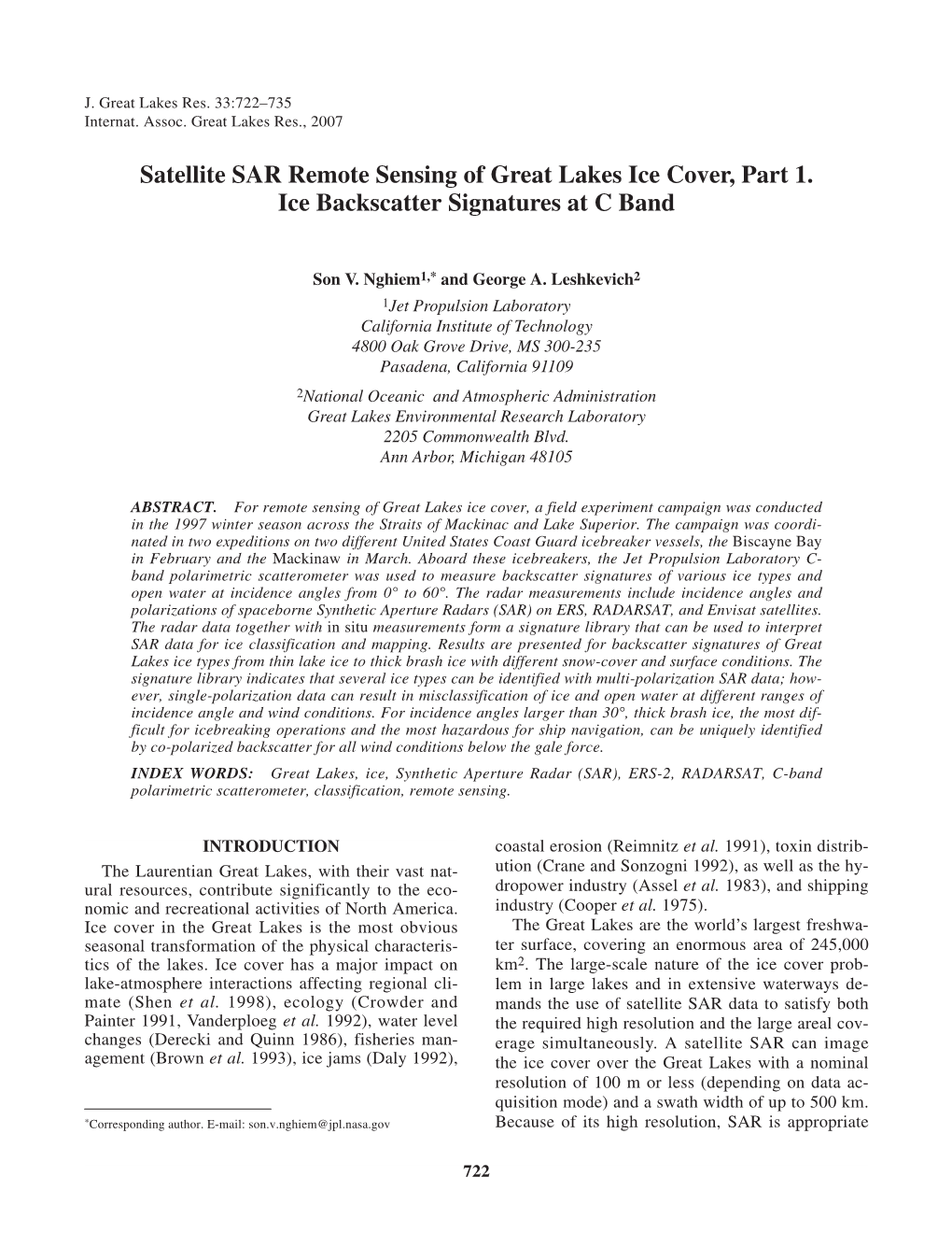 Satellite SAR Remote Sensing of Great Lakes Ice Cover. Part 1