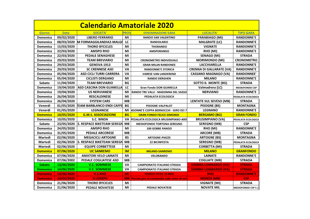 Calendario Amatoriale 2020