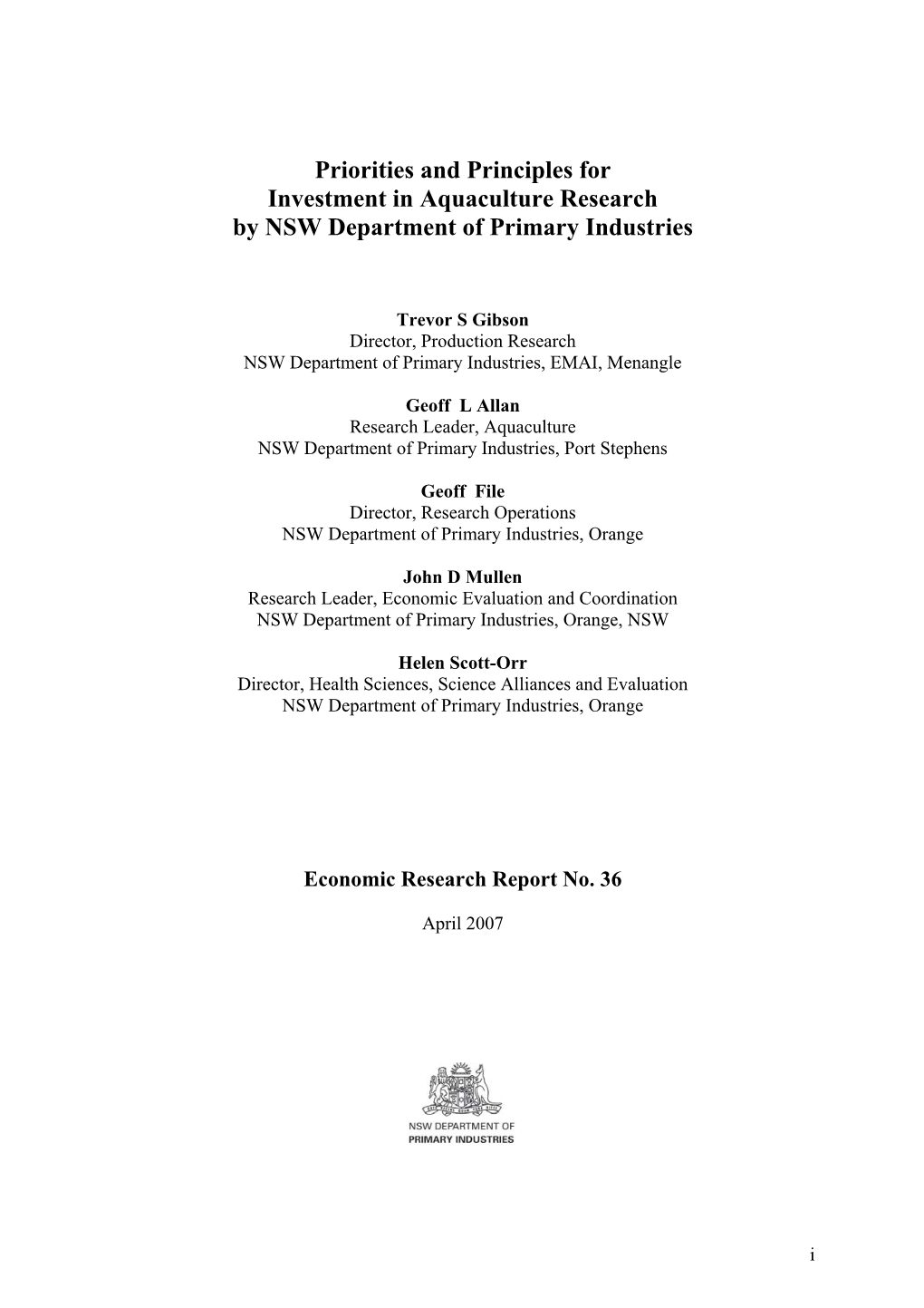 Priorities and Principles for Investment in Aquaculture Research by NSW Department of Primary Industries