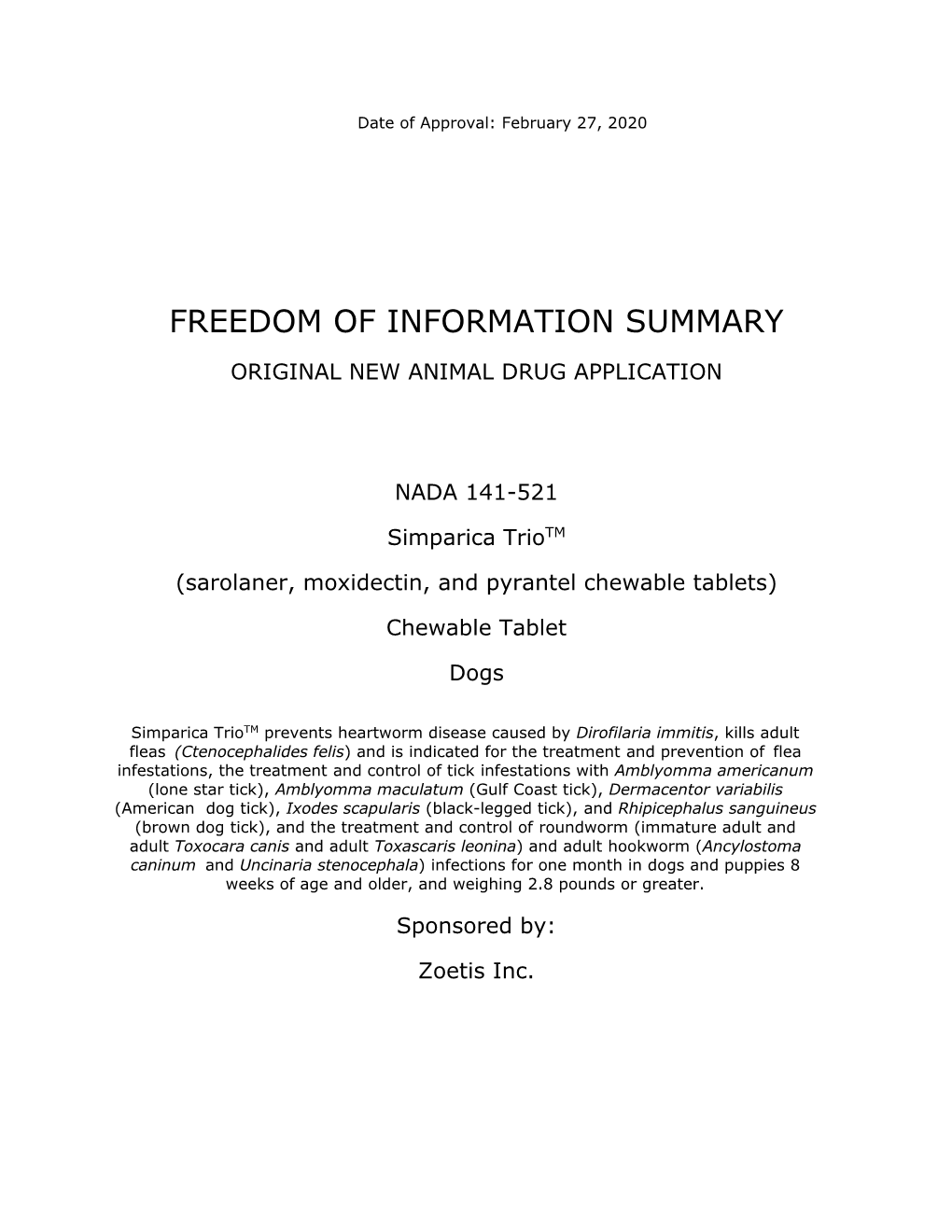 FOI Summary for the Original Approval of NADA 141-521 February 28, 2020