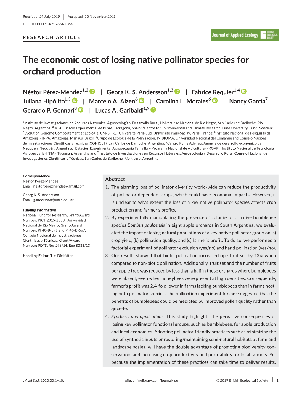 The Economic Cost of Losing Native Pollinator Species for Orchard Production