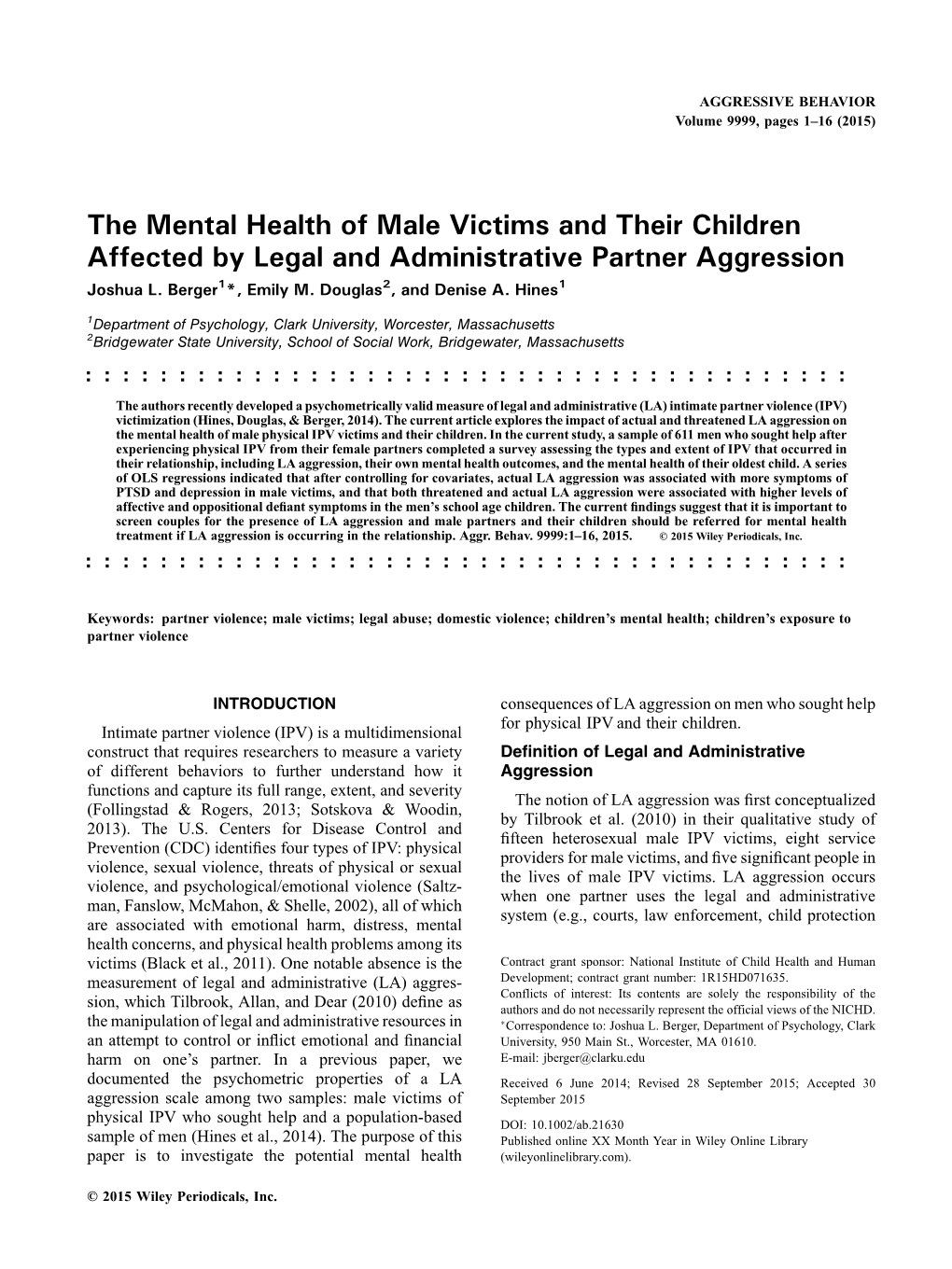 The Mental Health of Male Victims and Their Children Affected by Legal and Administrative Partner Aggression Joshua L