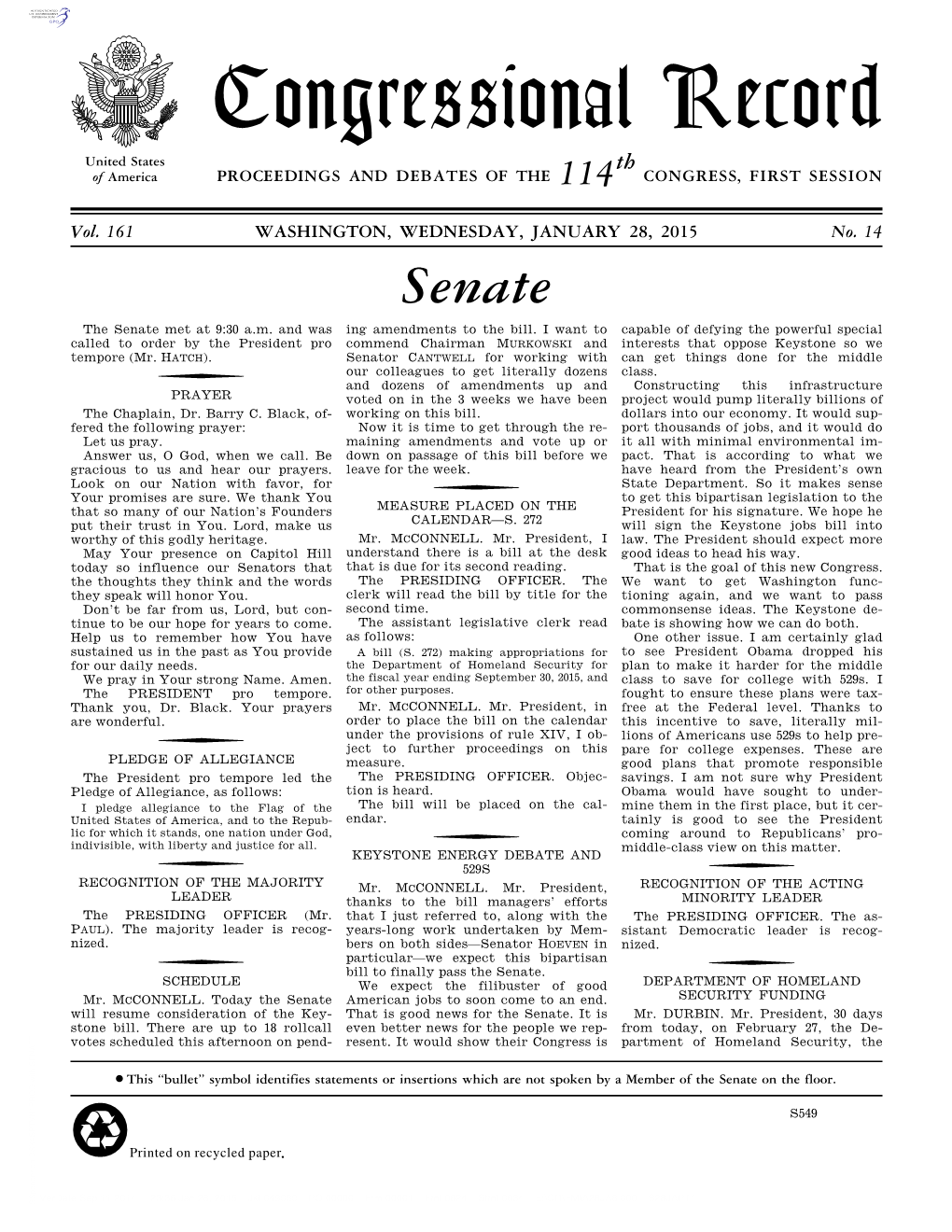 Congressional Record United States Th of America PROCEEDINGS and DEBATES of the 114 CONGRESS, FIRST SESSION