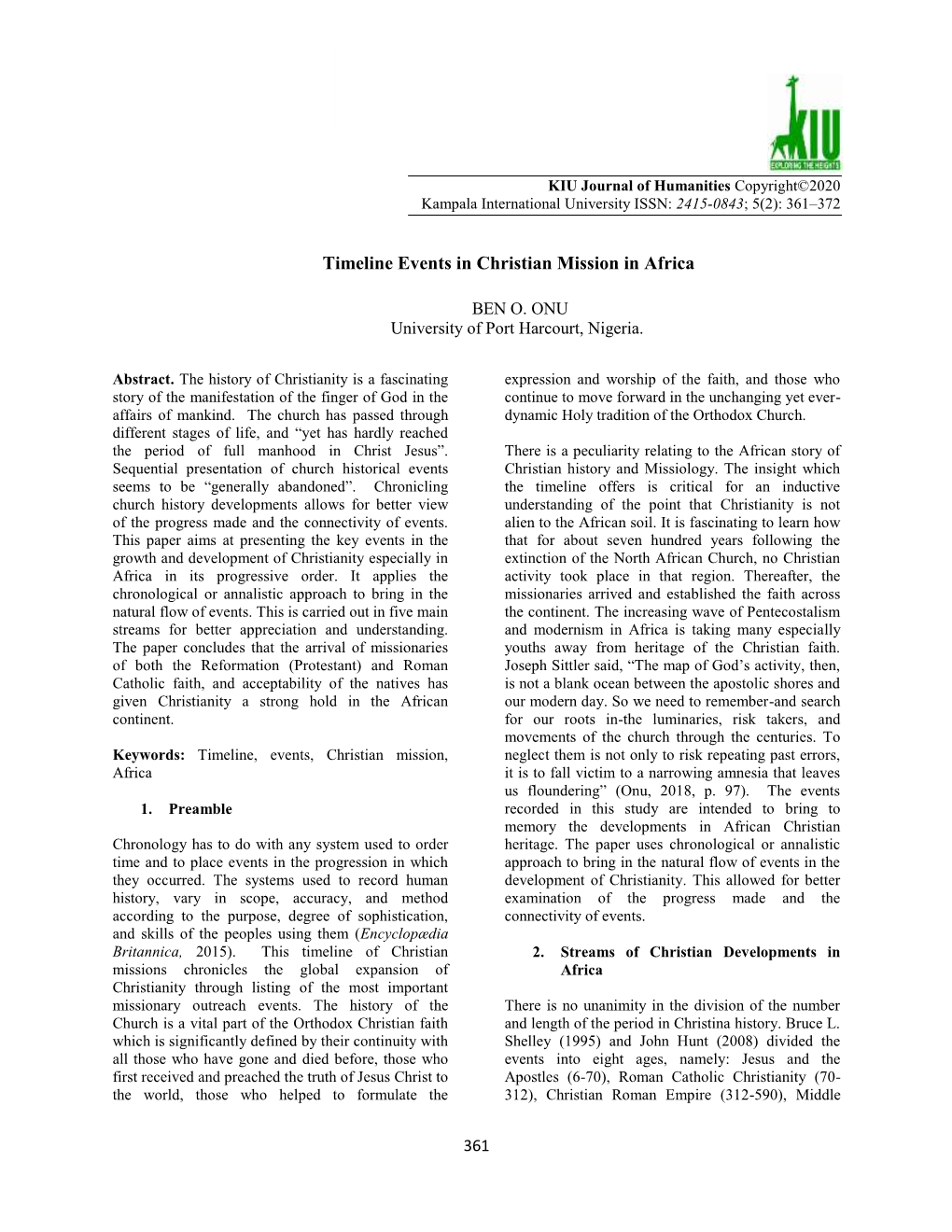 Timeline Events in Christian Mission in Africa