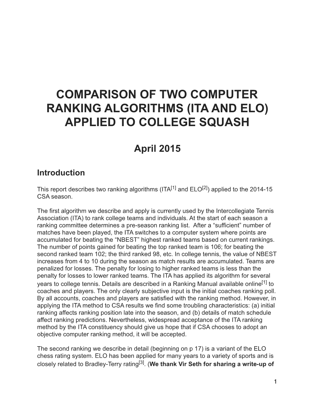 Elo Rankings Applied to College Squash