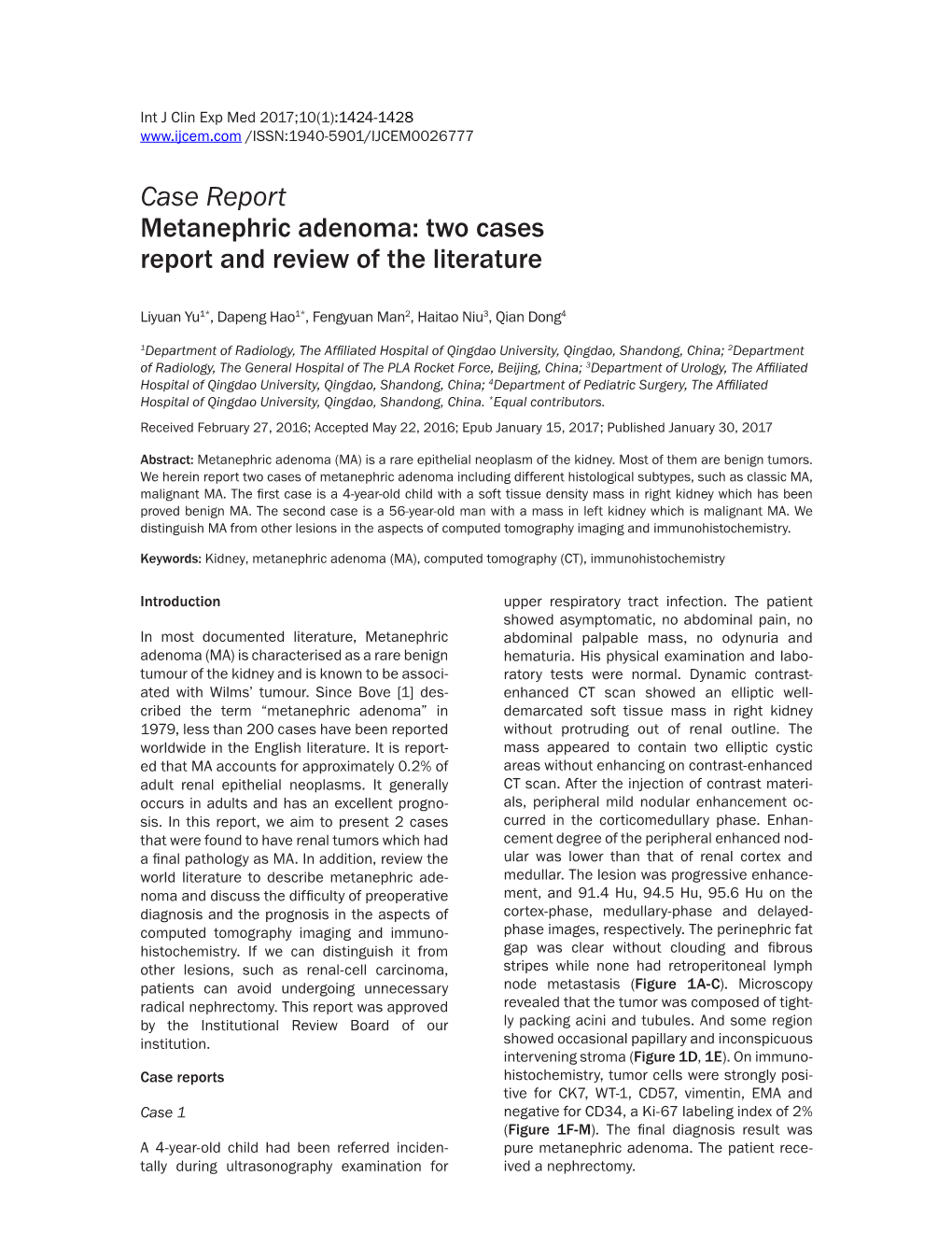 Case Report Metanephric Adenoma: Two Cases Report and Review of the Literature