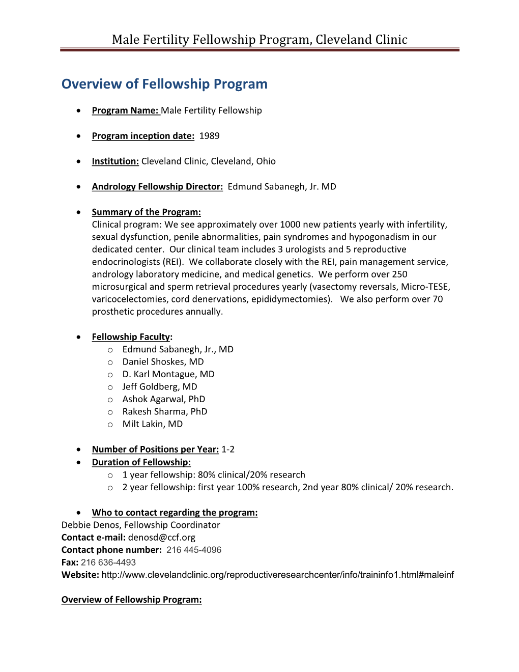 Male Fertility Fellowship Program, Cleveland Clinic