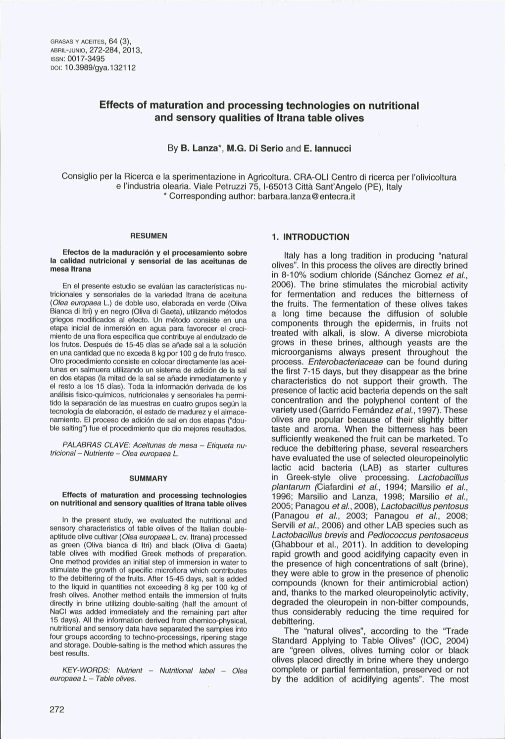 Effects of Maturation and Processing Technologies on Nutritional and Sensory Qualities of Itrana Table Olives