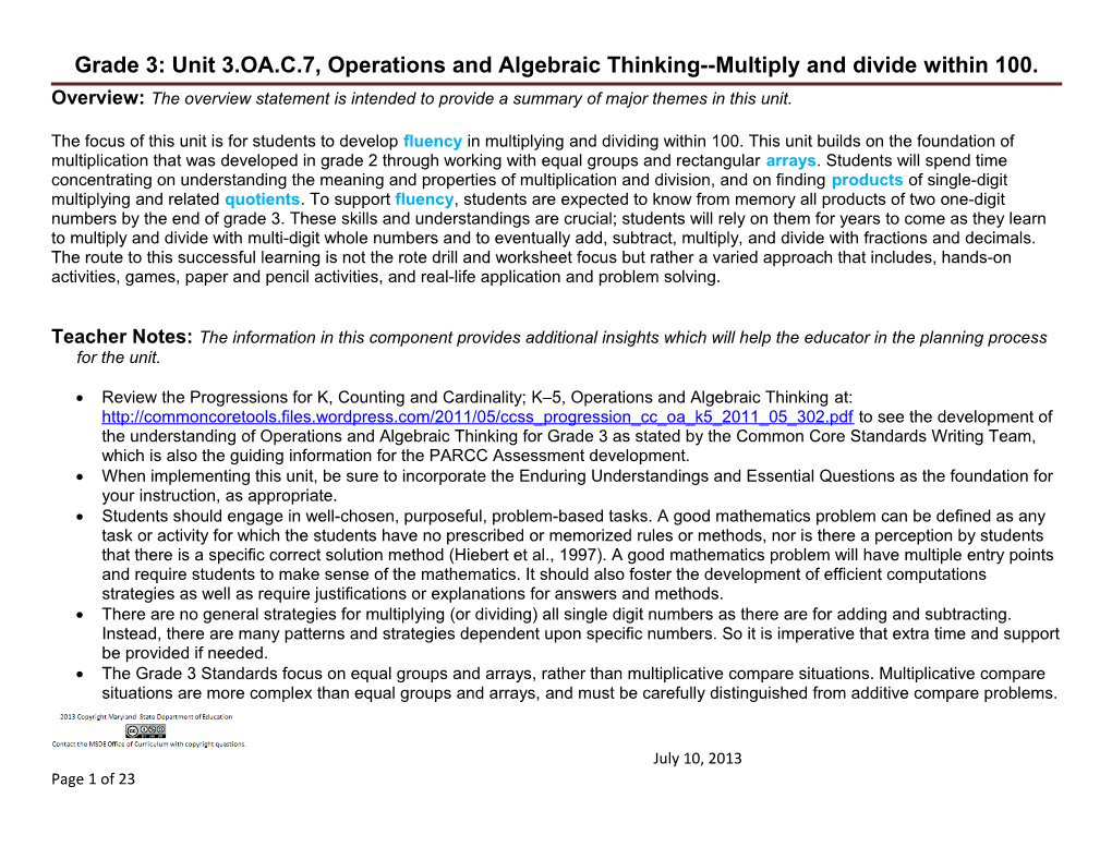 Grade 3: Unit 3.OA.C.7, Operations and Algebraic Thinking Multiply and Divide Within 100