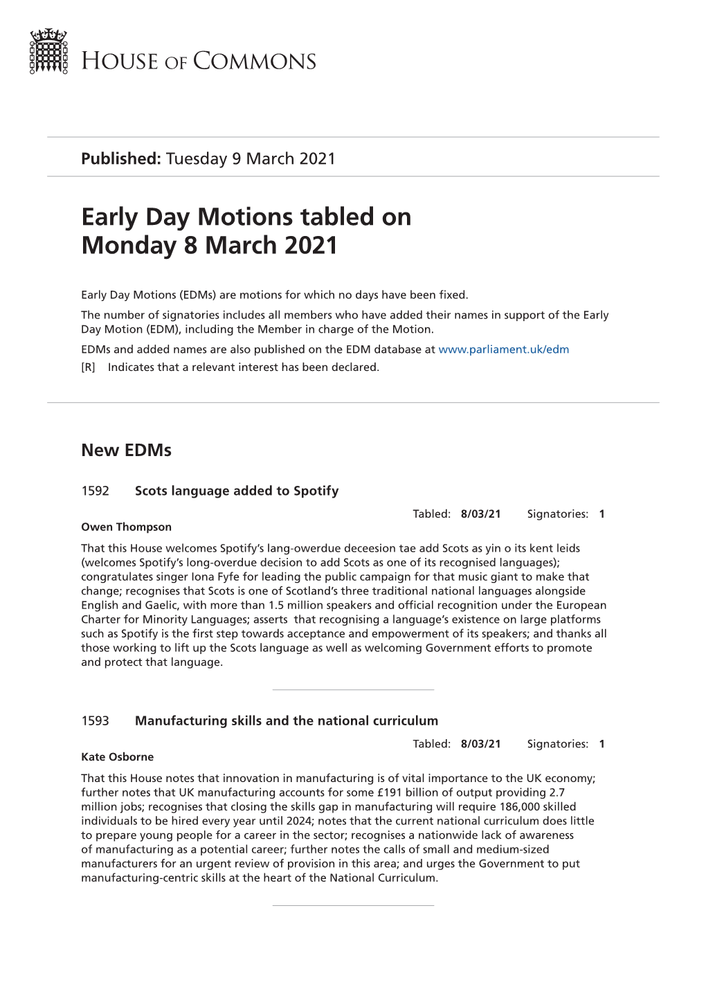 Early Day Motions Tabled on Monday 8 March 2021