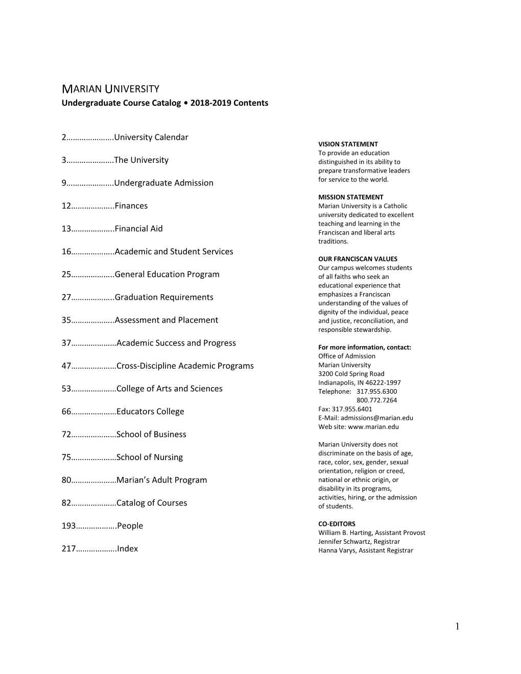 MARIAN UNIVERSITY Undergraduate Course Catalog • 2018-2019 Contents