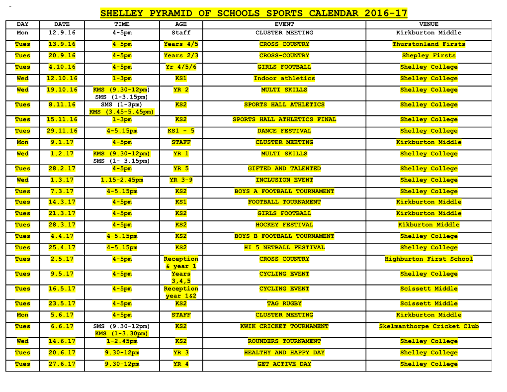 Shelley Pyramid of Schools Sports Calendar 2016-17