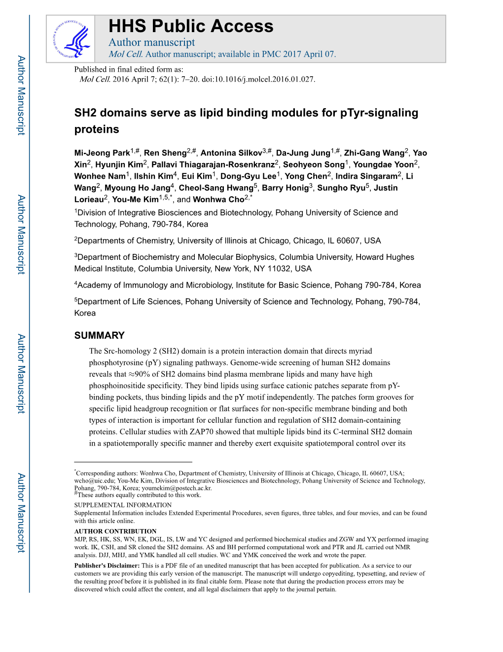 SH2 Domains Serve As Lipid Binding Modules for Ptyr-Signaling Proteins