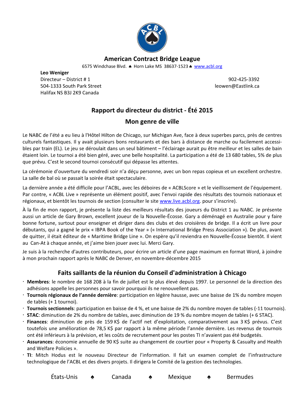 American Contract Bridge League Rapport Du Directeur Du District