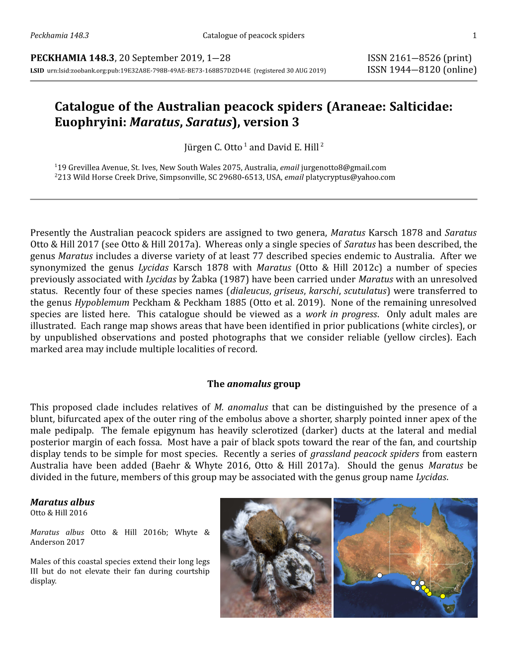 Catalogue of the Australian Peacock Spiders (Araneae: Salticidae: Euophryini: Maratus, Saratus), Version 3