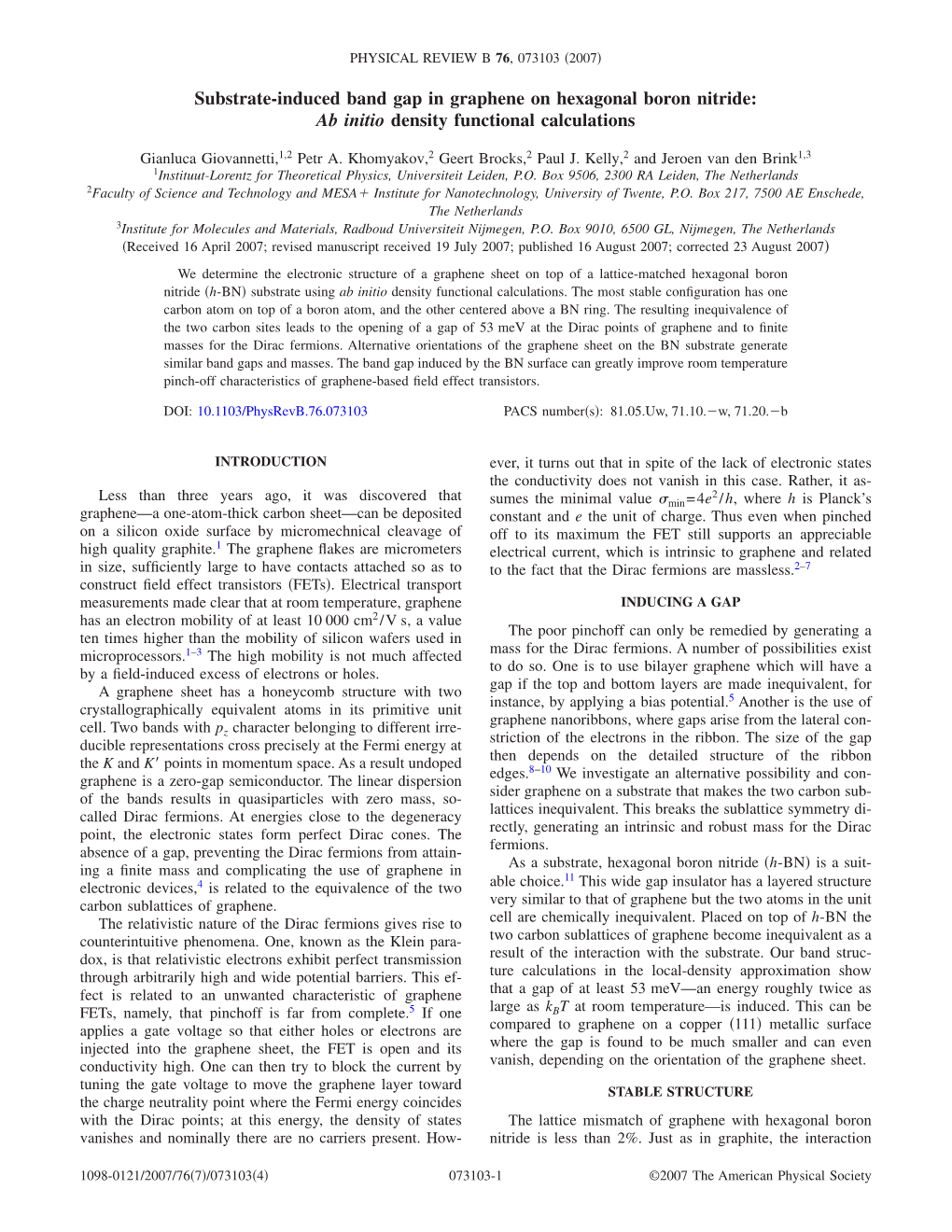 Substrate-Induced Band Gap in Graphene on Hexagonal Boron Nitride: Ab Initio Density Functional Calculations