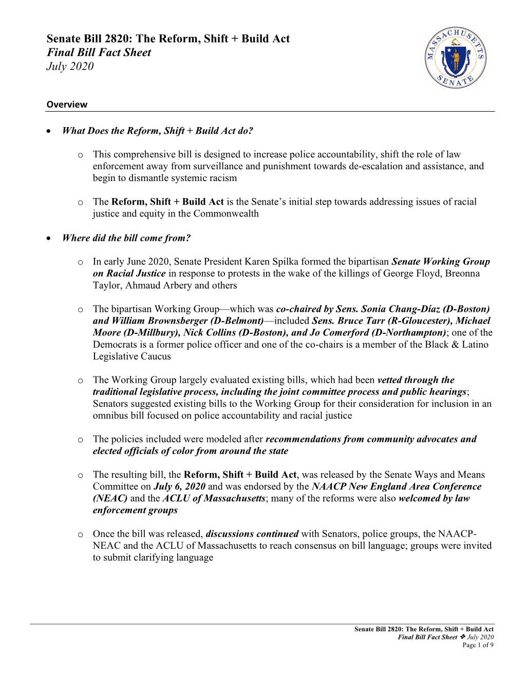 The Reform, Shift + Build Act Final Bill Fact Sheet July 2020