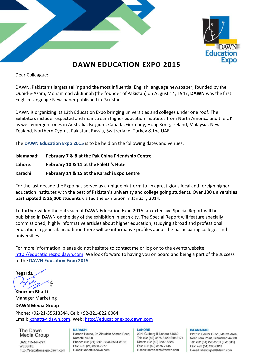 DAWN EDUCATION EXPO 2015 Dear Colleague