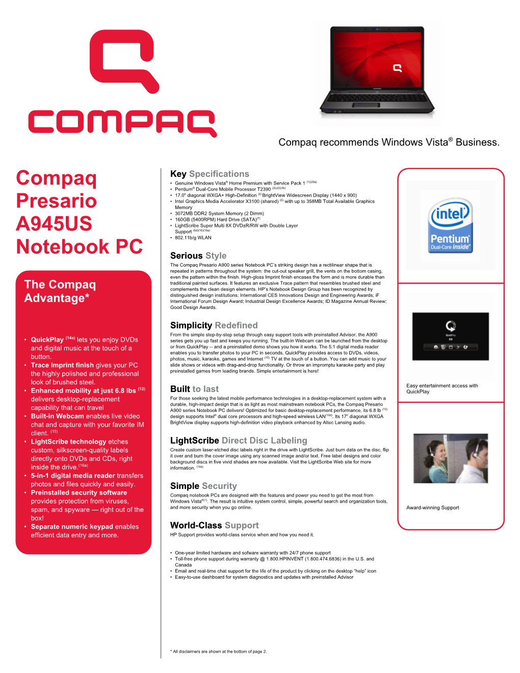 Compaq Presario Data Sheet