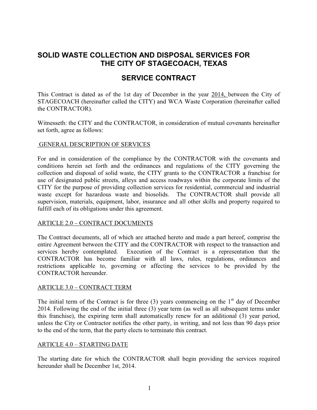 Solid Waste Collection and Disposal Services for the City of Stagecoach, Texas