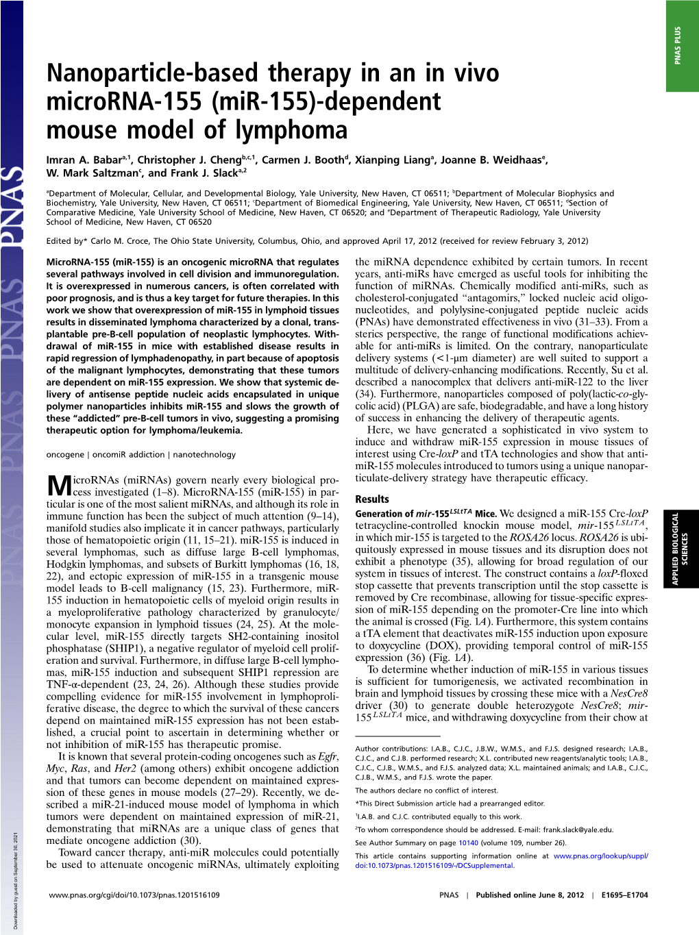 (Mir-155)-Dependent Mouse Model of Lymphoma