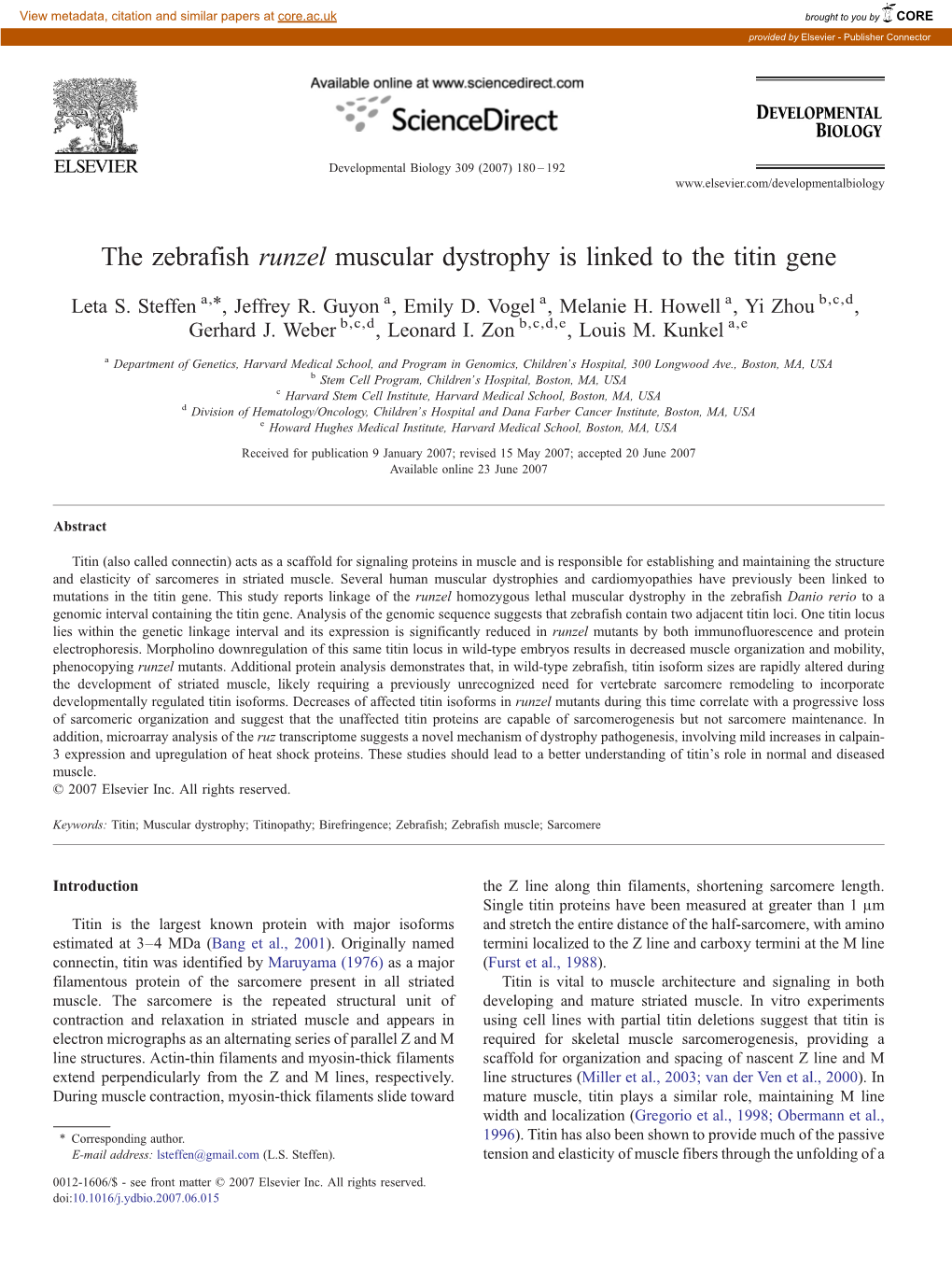 The Zebrafish Runzel Muscular Dystrophy Is Linked to the Titin Gene ⁎ Leta S