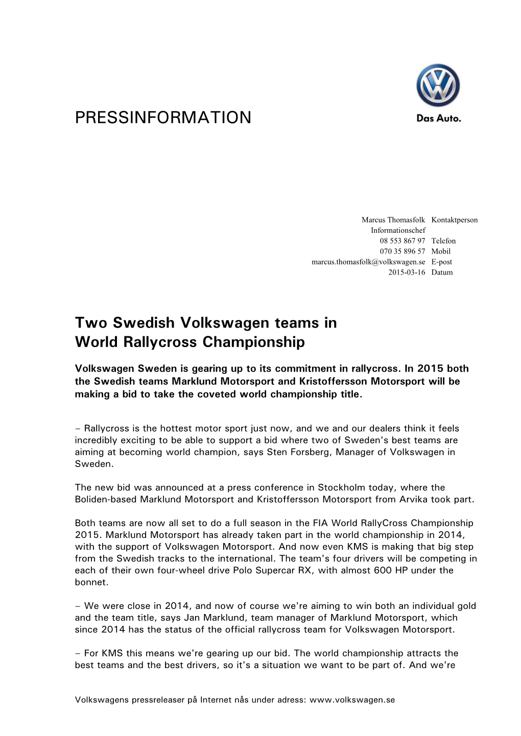 Two Swedish Volkswagen Teams in World Rallycross Championship