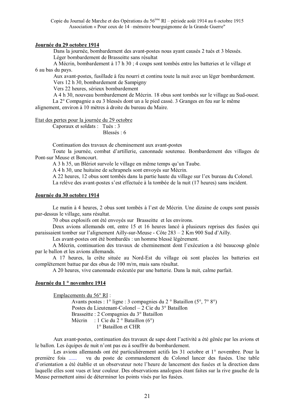 Journée Du 29 Octobre 1914 Dans La Journée, Bombardement Des Avant-Postes Nous Ayant Causés 2 Tués Et 3 Blessés