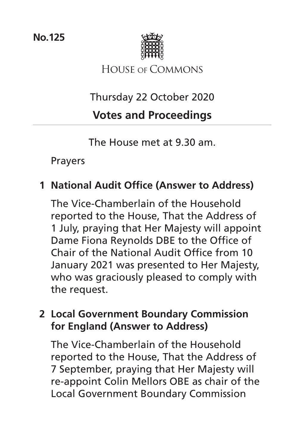 Votes and Proceedings for 22 Oct 2020