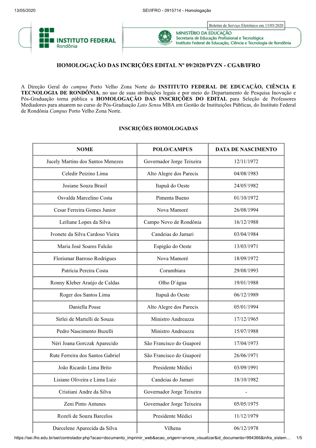 Homologação Das Incrições Edital Nº 09/2020/Pvzn - Cgab/Ifro