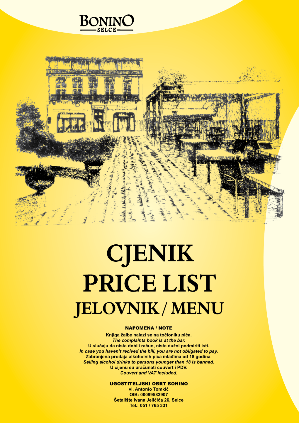 Cjenik Price List Jelovnik / Menu