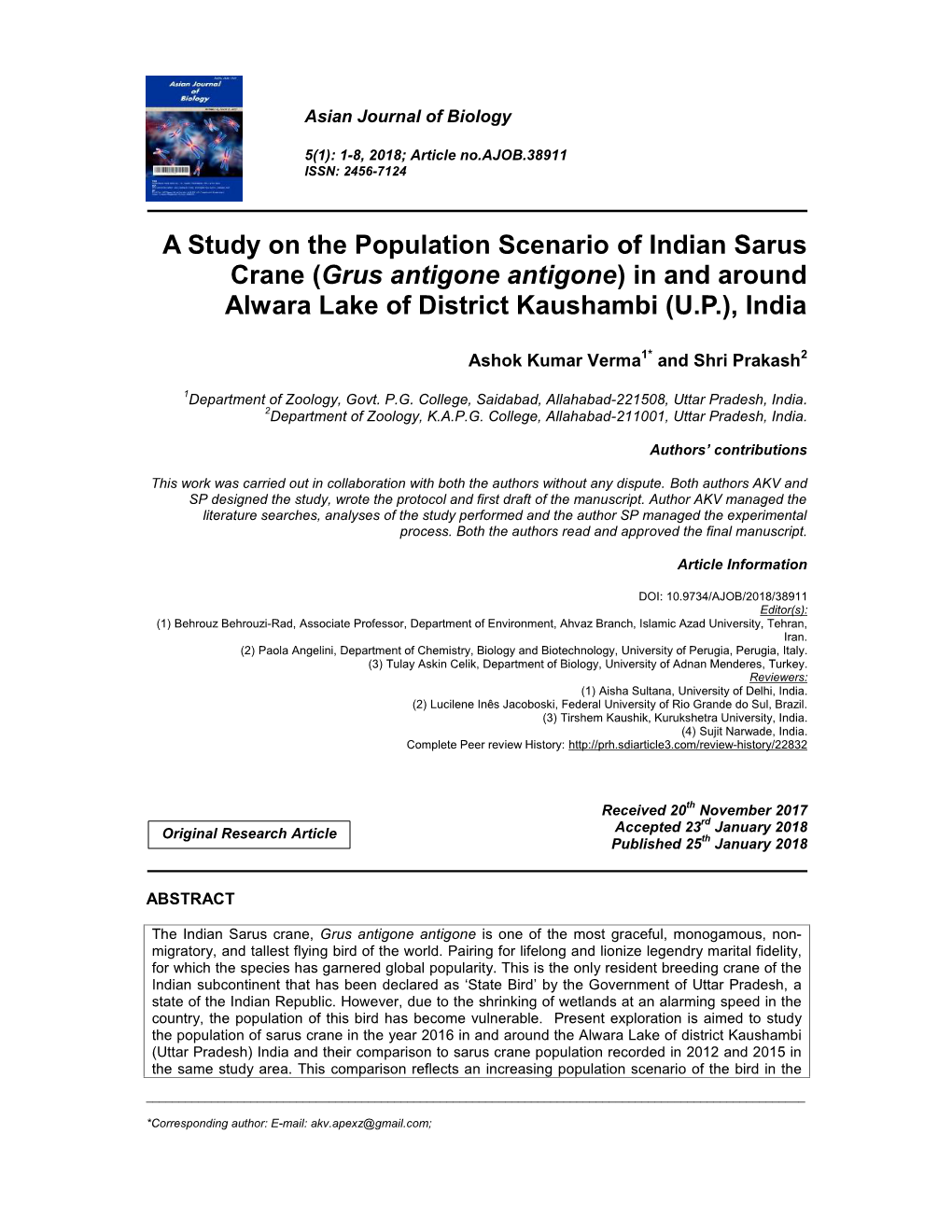 A Study on the Population Scenario of Indian Sarus Crane (Grus Antigone Antigone) in and Around Alwara Lake of District Kaushambi (U.P.), India