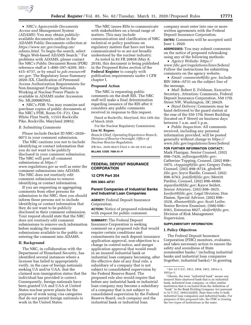 Federal Register/Vol. 85, No. 62/Tuesday, March 31, 2020