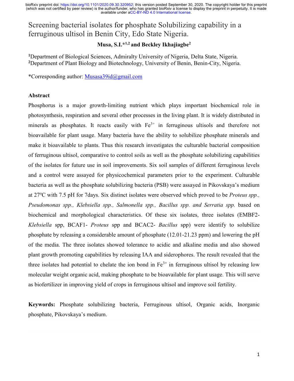 Screening Bacterial Isolates for Phosphate Solubilizing Capability in a Ferruginous Ultisol in Benin City, Edo State Nigeria