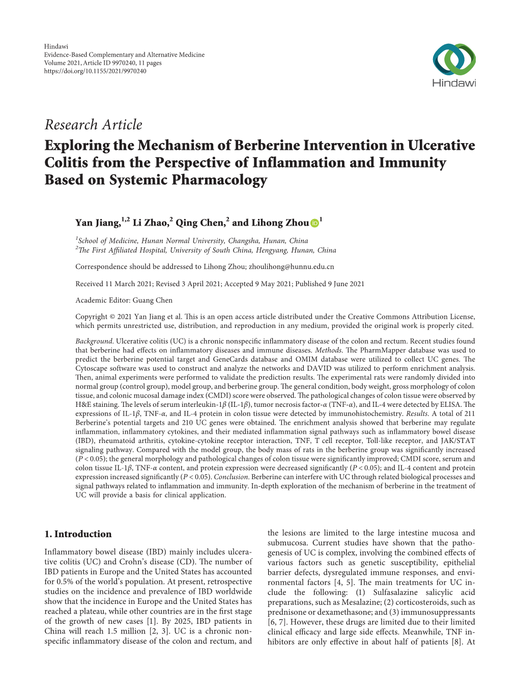 Exploring the Mechanism of Berberine Intervention in Ulcerative Colitis from the Perspective of Inflammation and Immunity Based on Systemic Pharmacology
