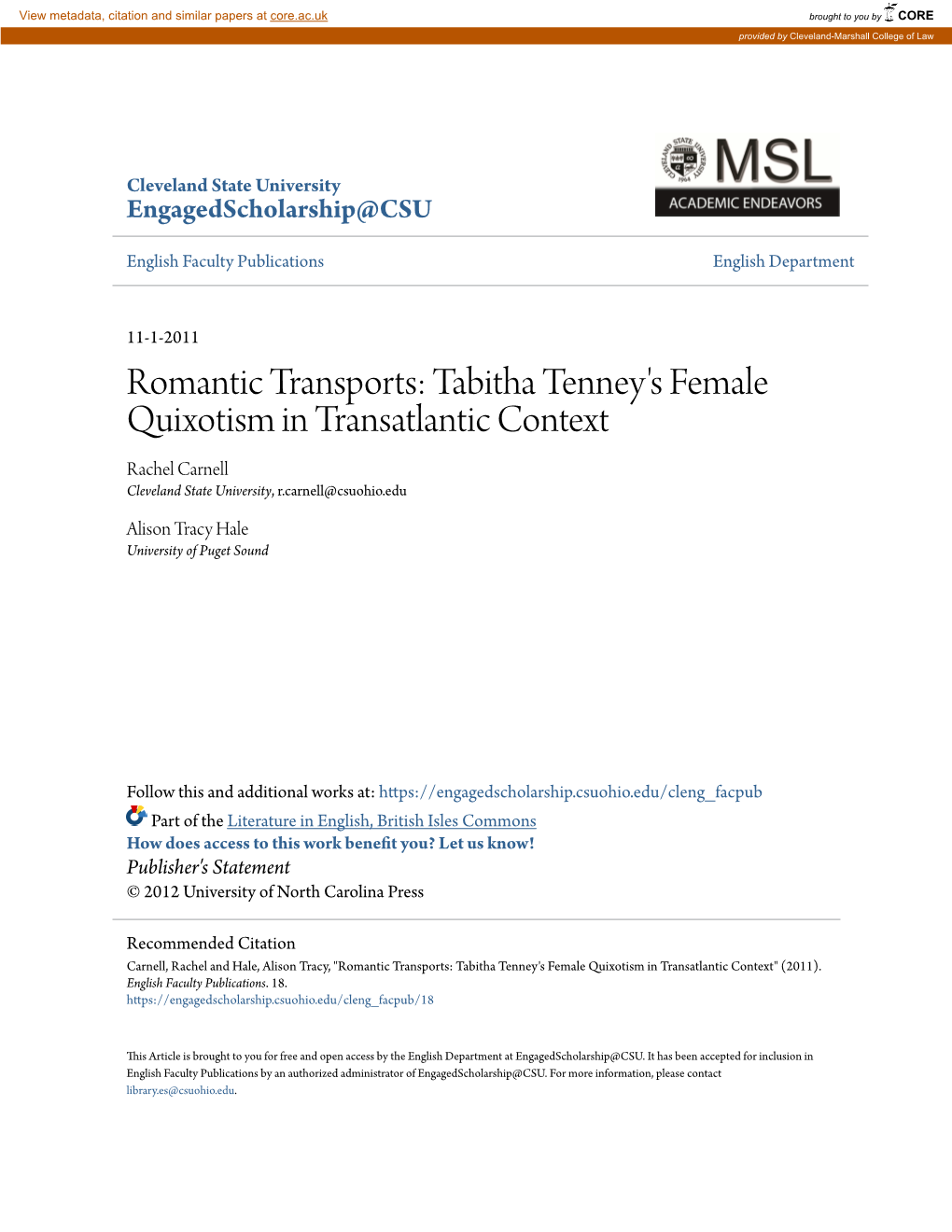 Tabitha Tenney's Female Quixotism in Transatlantic Context Rachel Carnell Cleveland State University, R.Carnell@Csuohio.Edu