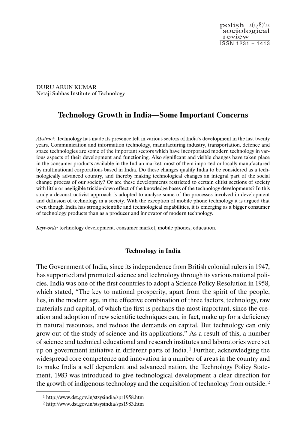 Technology Growth in India—Some Important Concerns