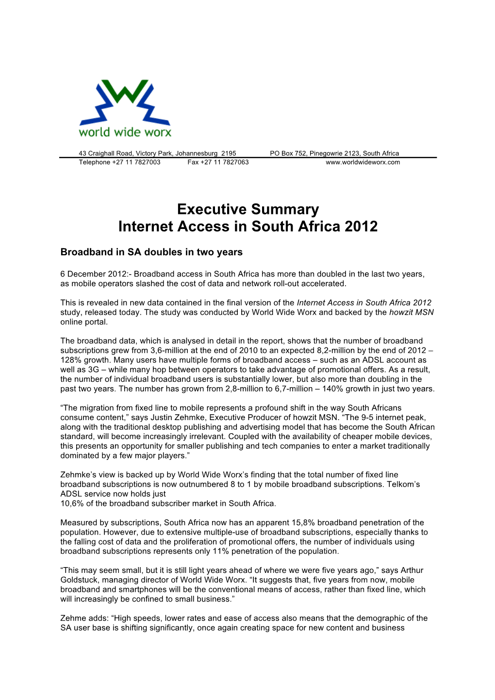 Executive Summary Internet Access in South Africa 2012
